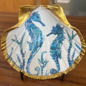 Handmade Seahorses decoupage onto natural scallop seashell. Gold trim